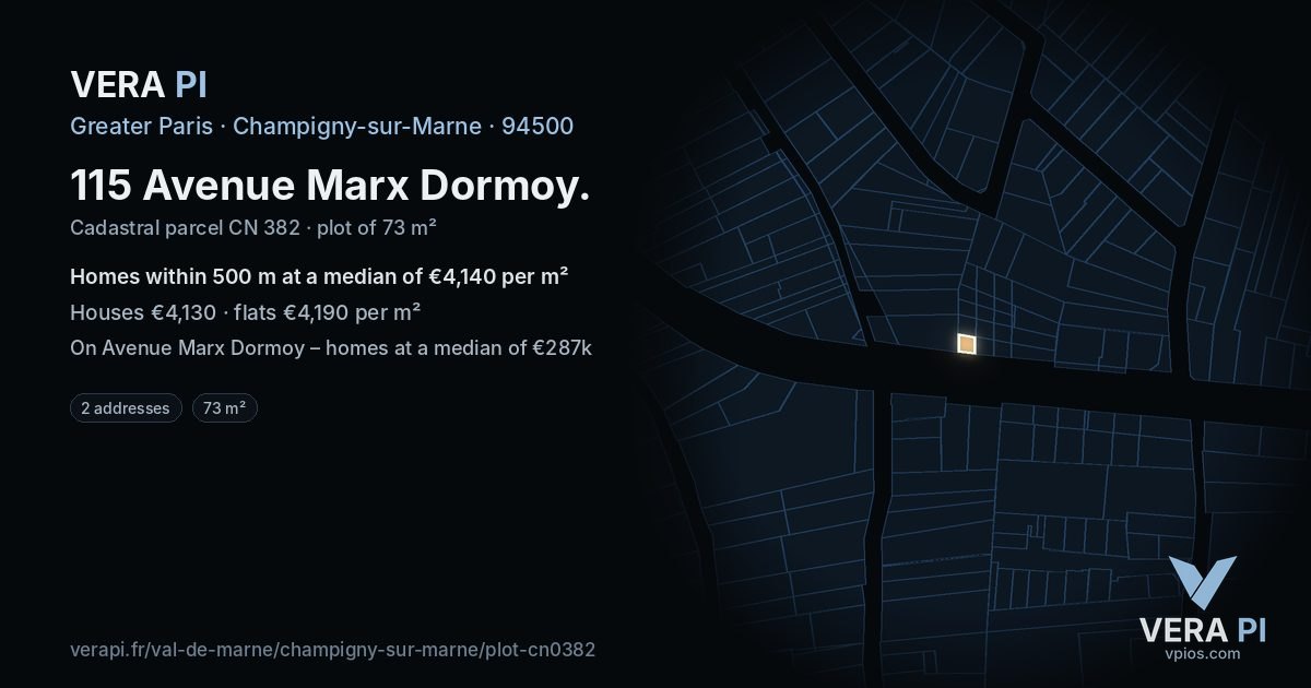 115 Avenue Marx Dormoy, Champigny-sur-Marne at night – the plot lit, the parcels around coloured by the prices near them