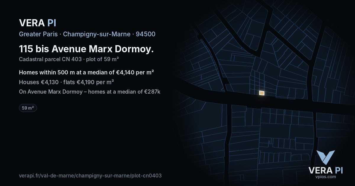 115 bis Avenue Marx Dormoy, Champigny-sur-Marne at night – the plot lit, the parcels around coloured by the prices near them