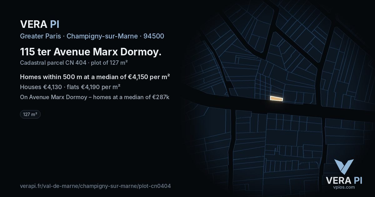 115 ter Avenue Marx Dormoy, Champigny-sur-Marne at night – the plot lit, the parcels around coloured by the prices near them
