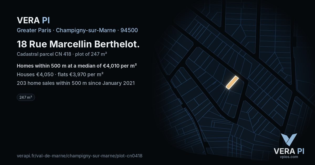 18 Rue Marcellin Berthelot, Champigny-sur-Marne at night – the plot lit, the parcels around coloured by the prices near them