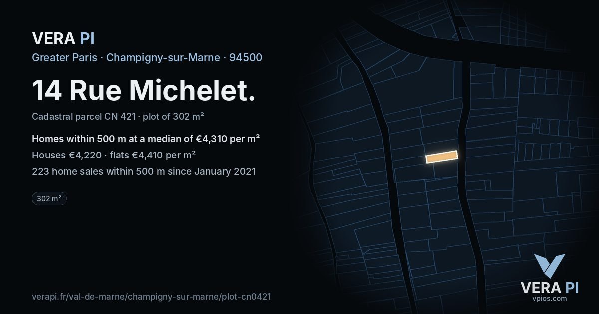 14 Rue Michelet, Champigny-sur-Marne at night – the plot lit, the parcels around coloured by the prices near them