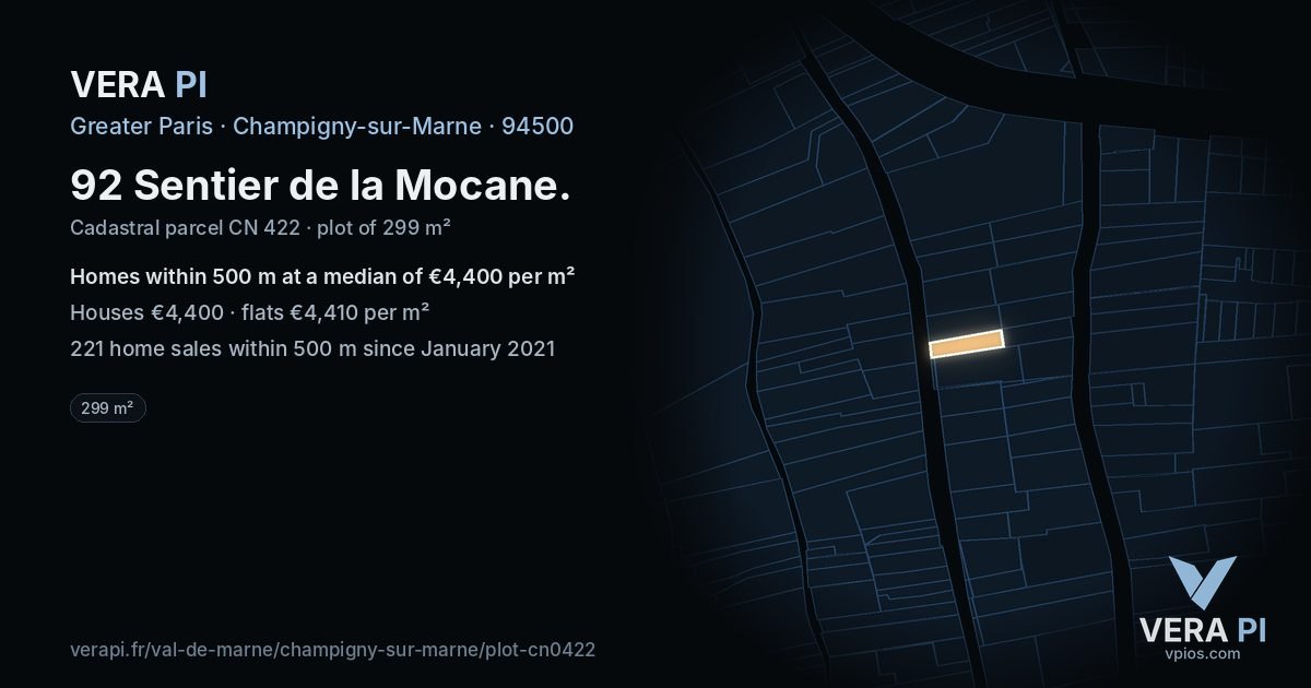 92 Sentier de la Mocane, Champigny-sur-Marne at night – the plot lit, the parcels around coloured by the prices near them