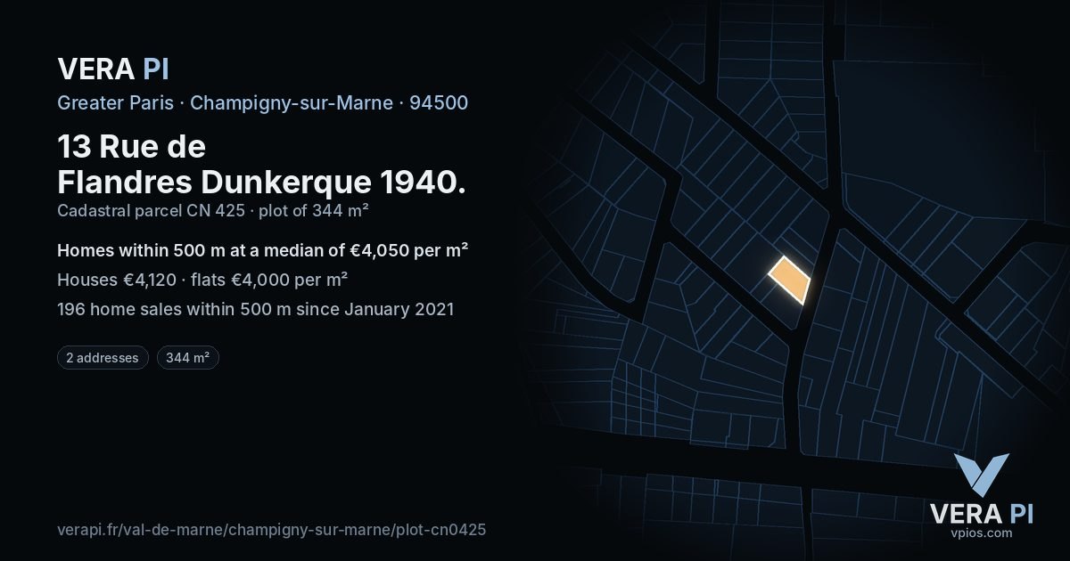 13 Rue de Flandres Dunkerque 1940, Champigny-sur-Marne at night – the plot lit, the parcels around coloured by the prices near them