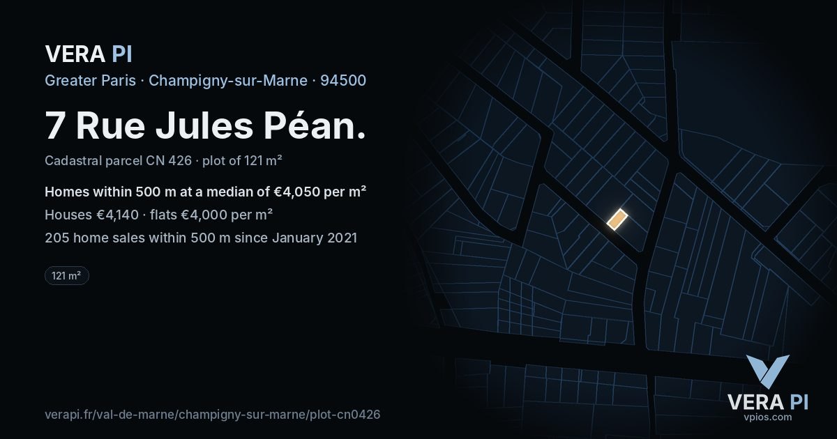7 Rue Jules Péan, Champigny-sur-Marne at night – the plot lit, the parcels around coloured by the prices near them