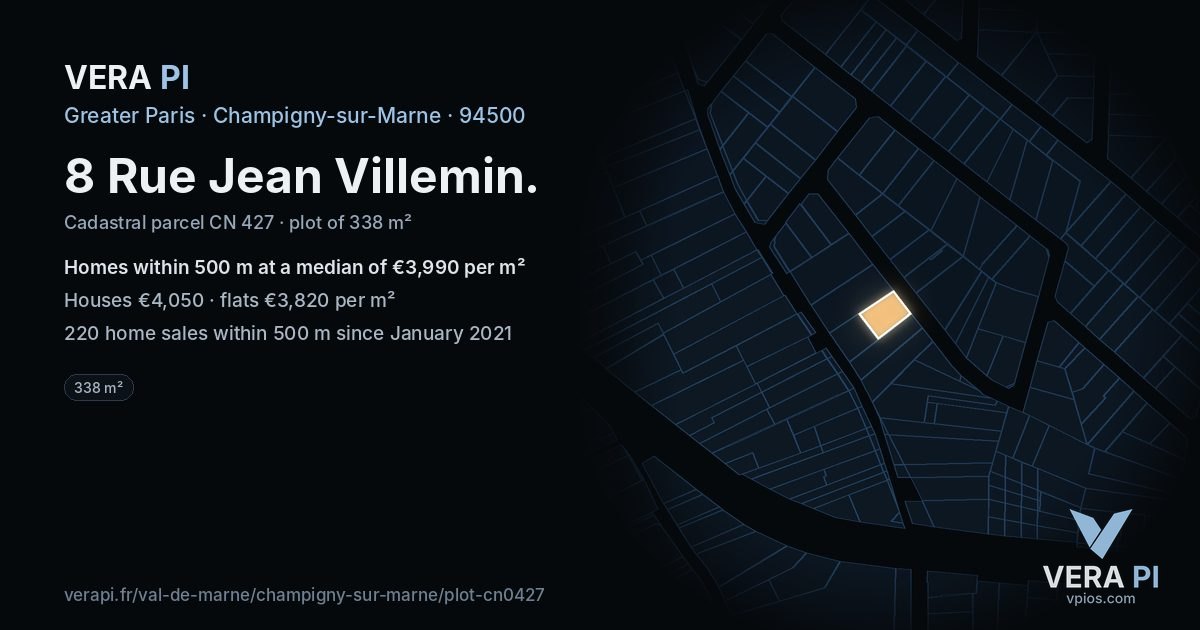 8 Rue Jean Villemin, Champigny-sur-Marne at night – the plot lit, the parcels around coloured by the prices near them