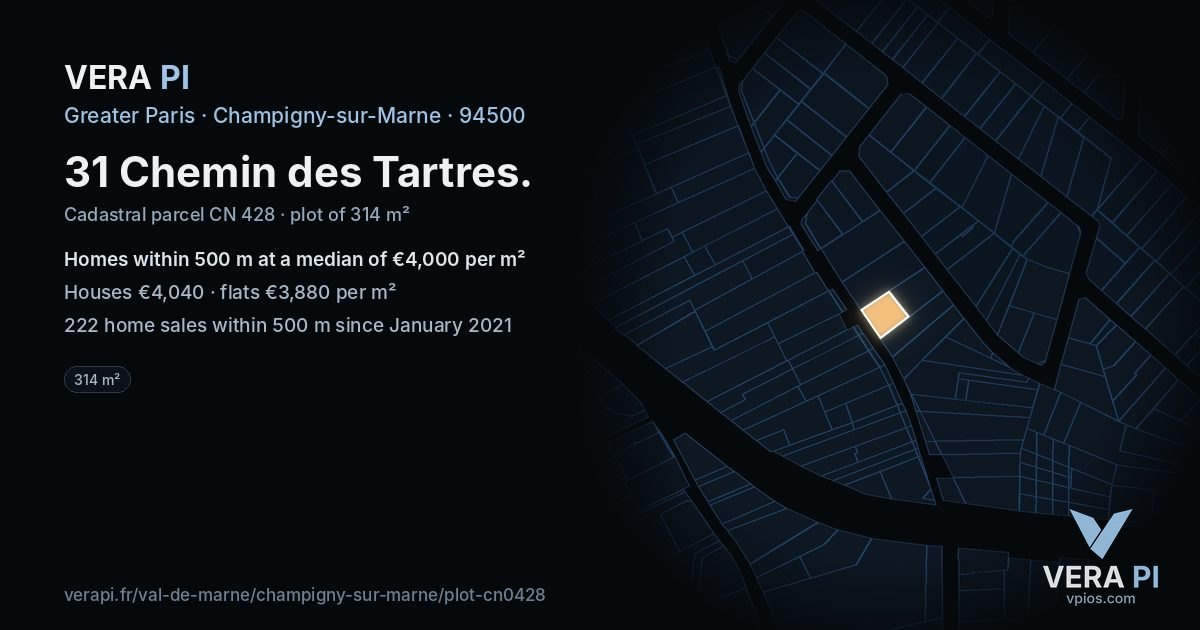 31 Chemin des Tartres, Champigny-sur-Marne at night – the plot lit, the parcels around coloured by the prices near them