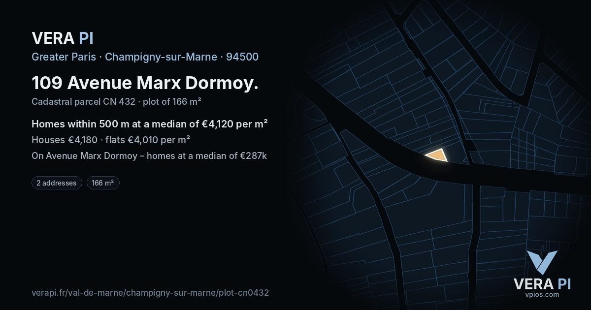 109 Avenue Marx Dormoy, Champigny-sur-Marne at night – the plot lit, the parcels around coloured by the prices near them