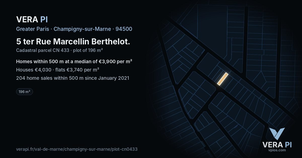 5 ter Rue Marcellin Berthelot, Champigny-sur-Marne at night – the plot lit, the parcels around coloured by the prices near them