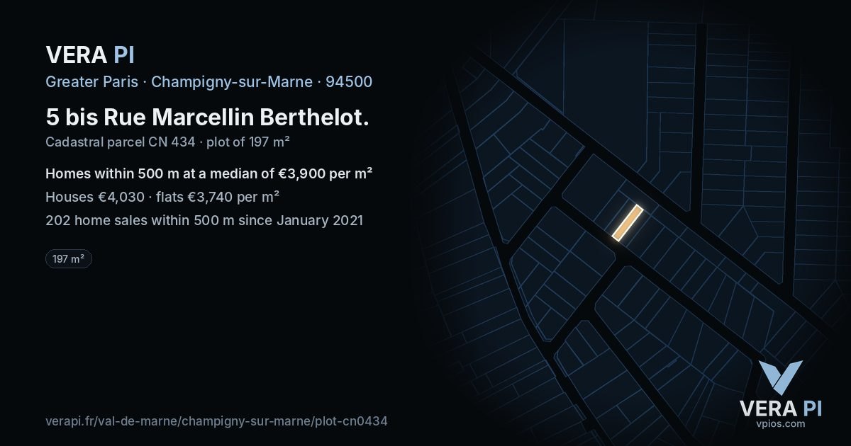 5 bis Rue Marcellin Berthelot, Champigny-sur-Marne at night – the plot lit, the parcels around coloured by the prices near them