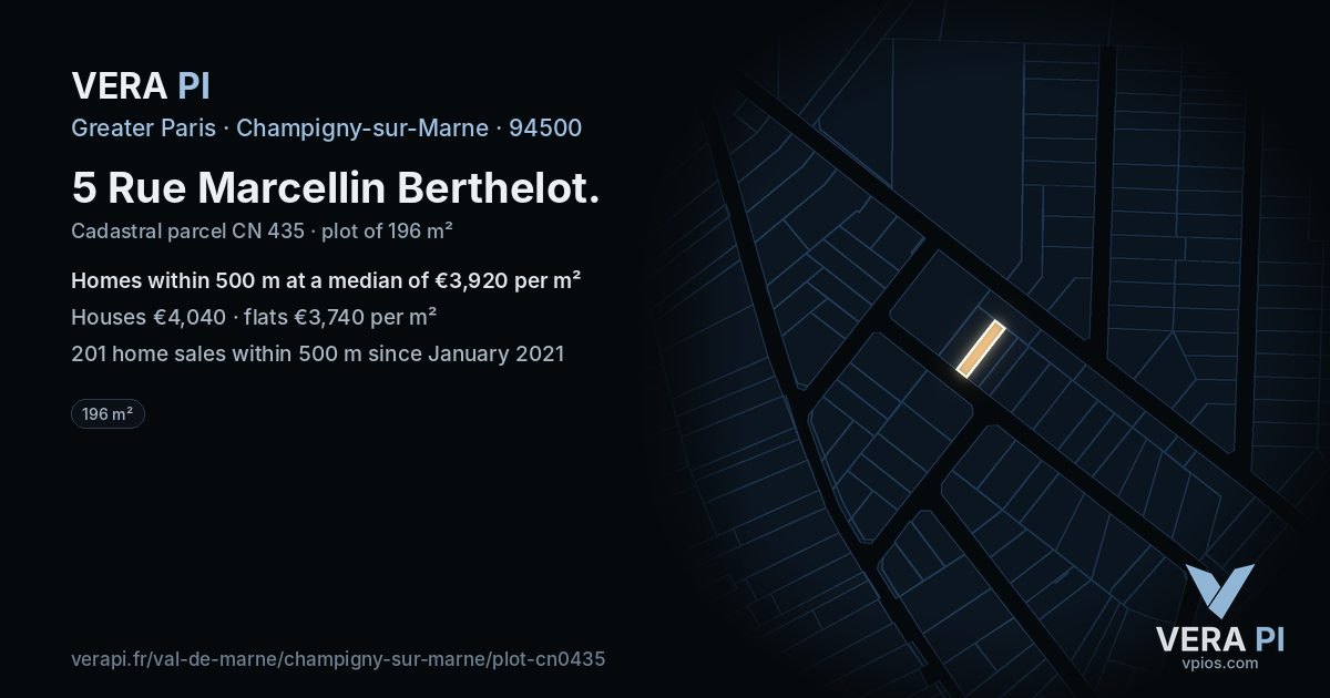 5 Rue Marcellin Berthelot, Champigny-sur-Marne at night – the plot lit, the parcels around coloured by the prices near them