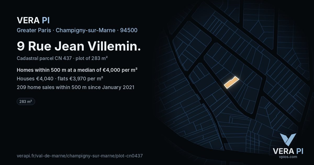 9 Rue Jean Villemin, Champigny-sur-Marne at night – the plot lit, the parcels around coloured by the prices near them