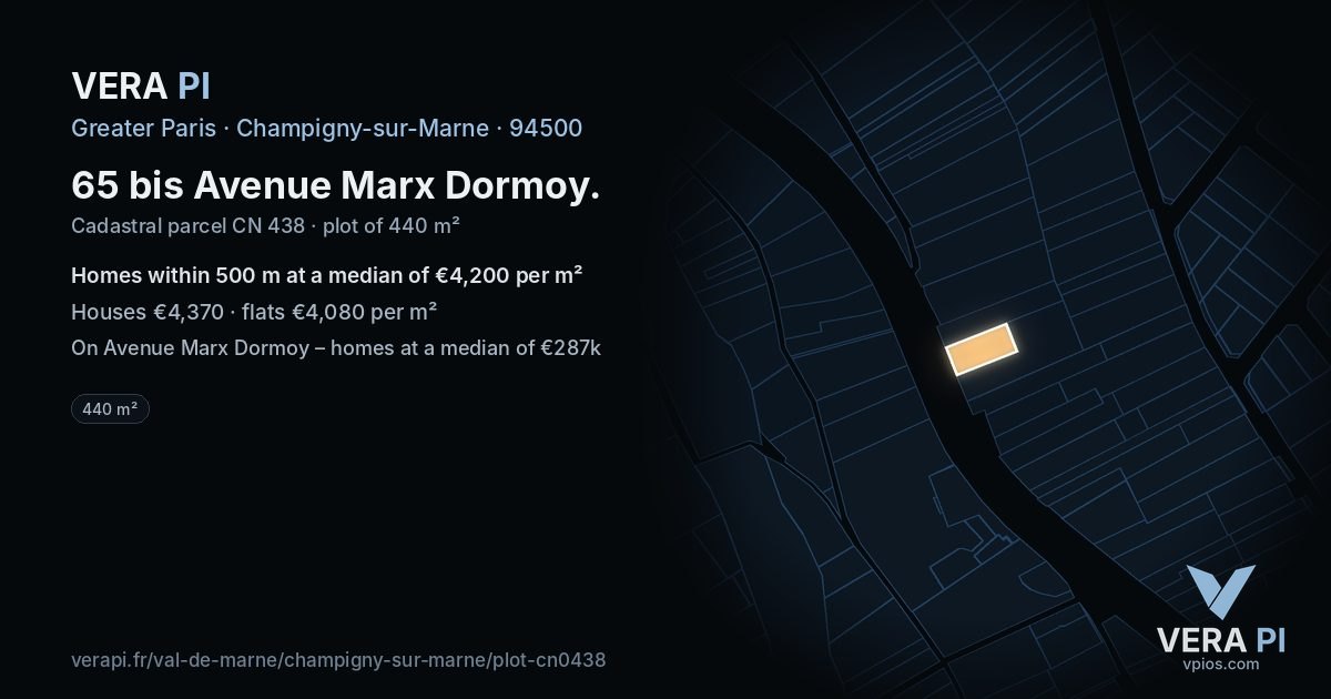 65 bis Avenue Marx Dormoy, Champigny-sur-Marne at night – the plot lit, the parcels around coloured by the prices near them