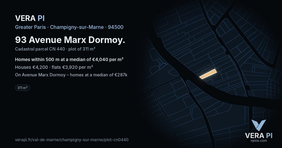 93 Avenue Marx Dormoy, Champigny-sur-Marne at night – the plot lit, the parcels around coloured by the prices near them