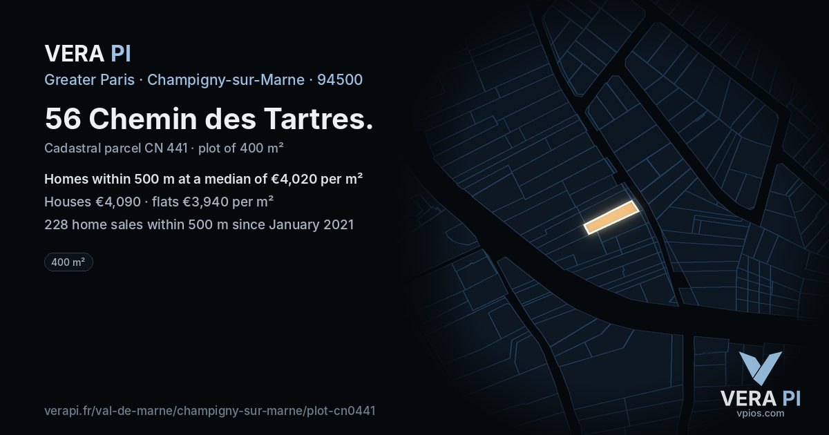56 Chemin des Tartres, Champigny-sur-Marne at night – the plot lit, the parcels around coloured by the prices near them
