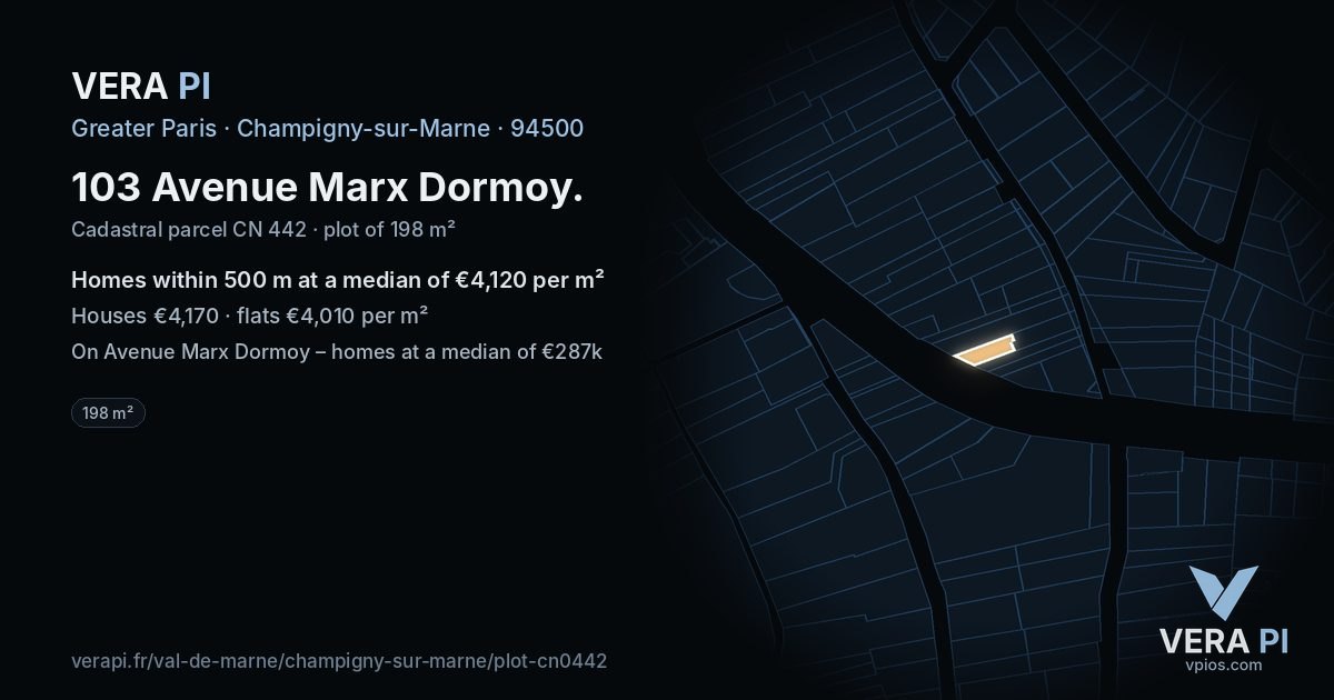 103 Avenue Marx Dormoy, Champigny-sur-Marne at night – the plot lit, the parcels around coloured by the prices near them