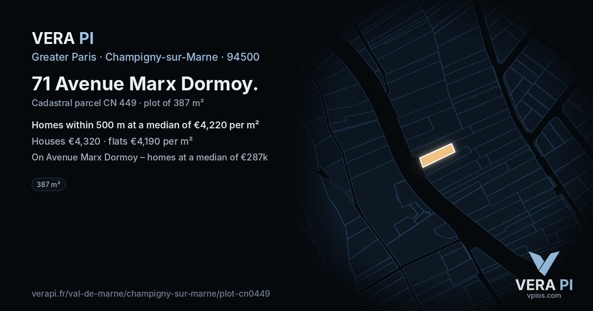 71 Avenue Marx Dormoy, Champigny-sur-Marne at night – the plot lit, the parcels around coloured by the prices near them