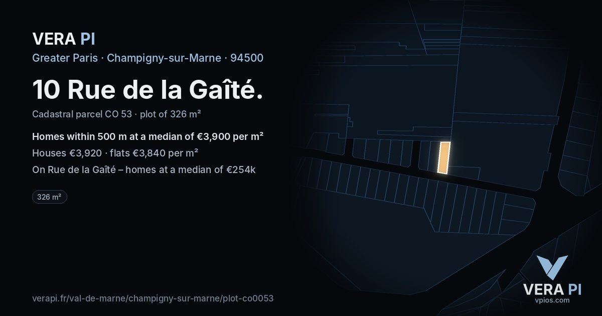10 Rue de la Gaîté, Champigny-sur-Marne at night – the plot lit, the parcels around coloured by the prices near them