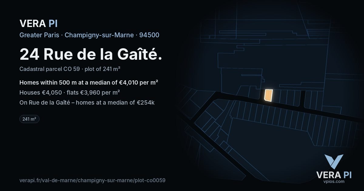 24 Rue de la Gaîté, Champigny-sur-Marne at night – the plot lit, the parcels around coloured by the prices near them