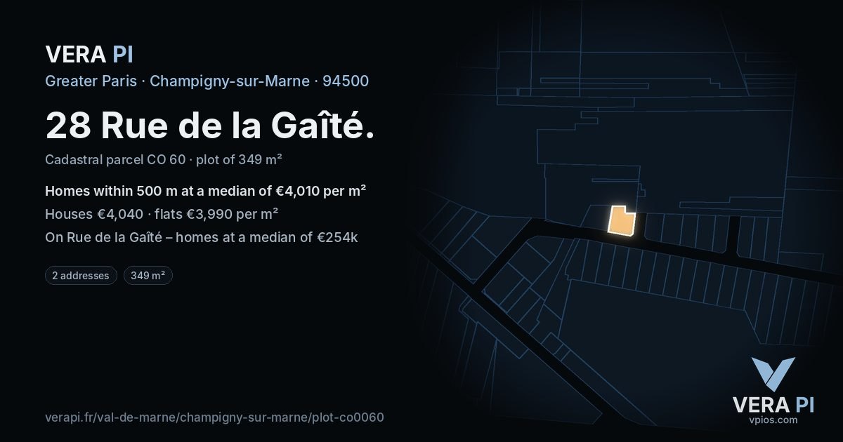 28 Rue de la Gaîté, Champigny-sur-Marne at night – the plot lit, the parcels around coloured by the prices near them