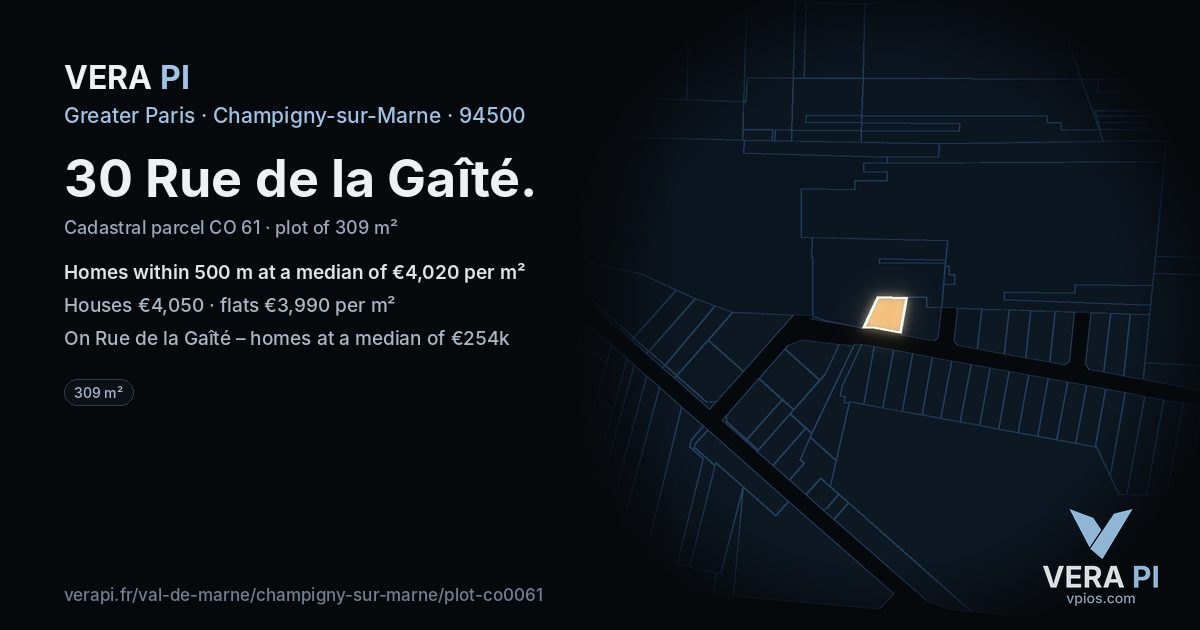 30 Rue de la Gaîté, Champigny-sur-Marne at night – the plot lit, the parcels around coloured by the prices near them