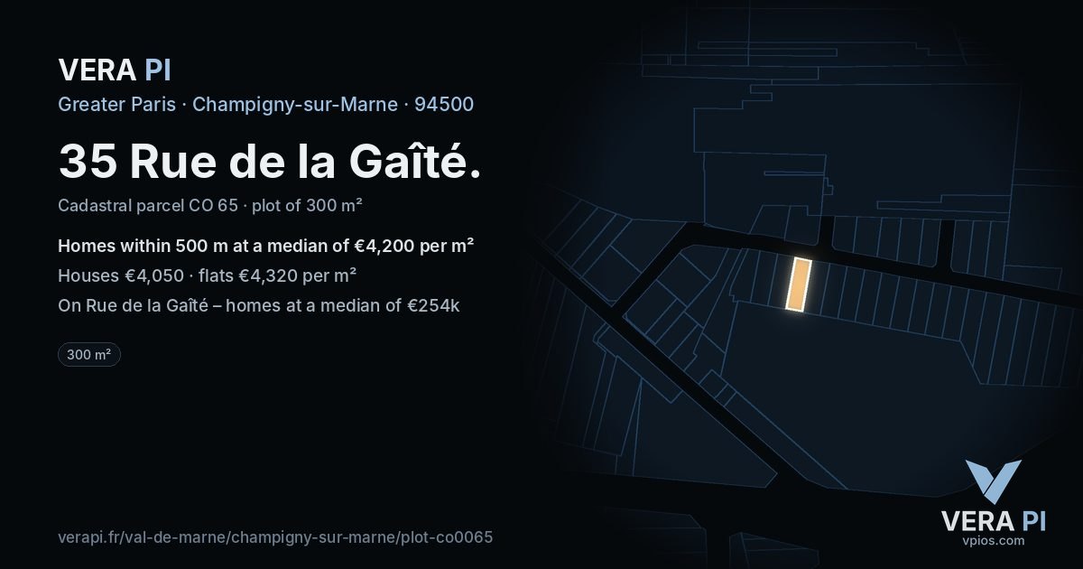 35 Rue de la Gaîté, Champigny-sur-Marne at night – the plot lit, the parcels around coloured by the prices near them