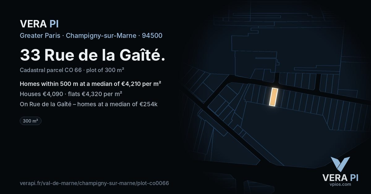33 Rue de la Gaîté, Champigny-sur-Marne at night – the plot lit, the parcels around coloured by the prices near them
