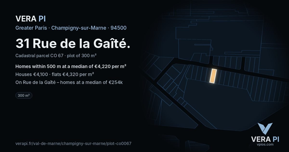 31 Rue de la Gaîté, Champigny-sur-Marne at night – the plot lit, the parcels around coloured by the prices near them
