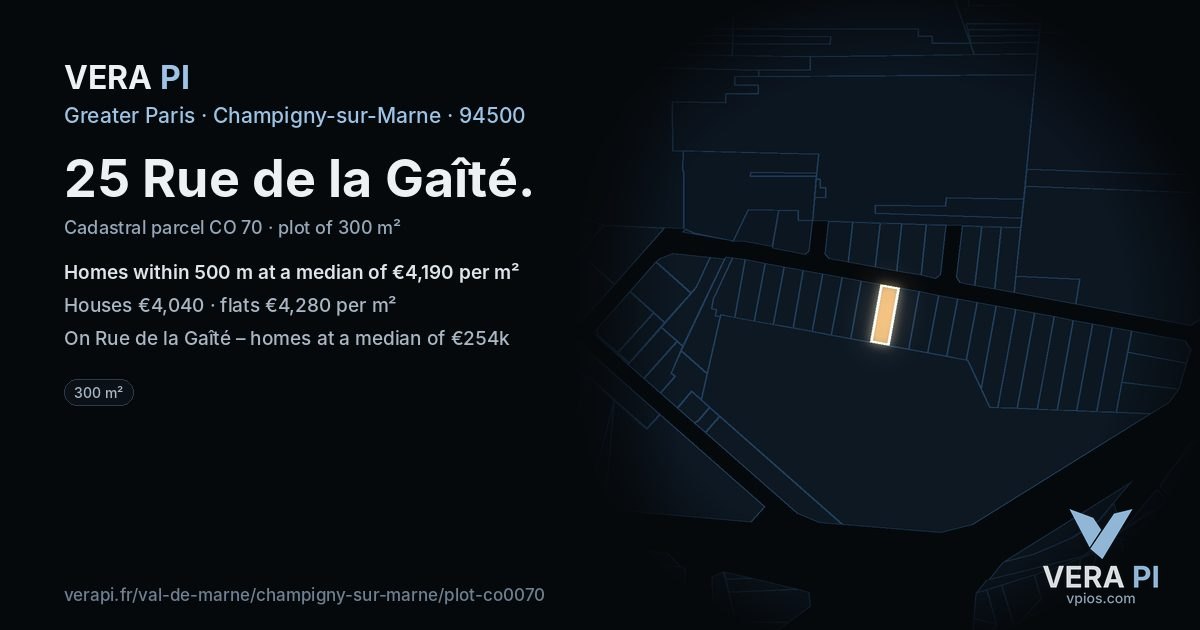 25 Rue de la Gaîté, Champigny-sur-Marne at night – the plot lit, the parcels around coloured by the prices near them