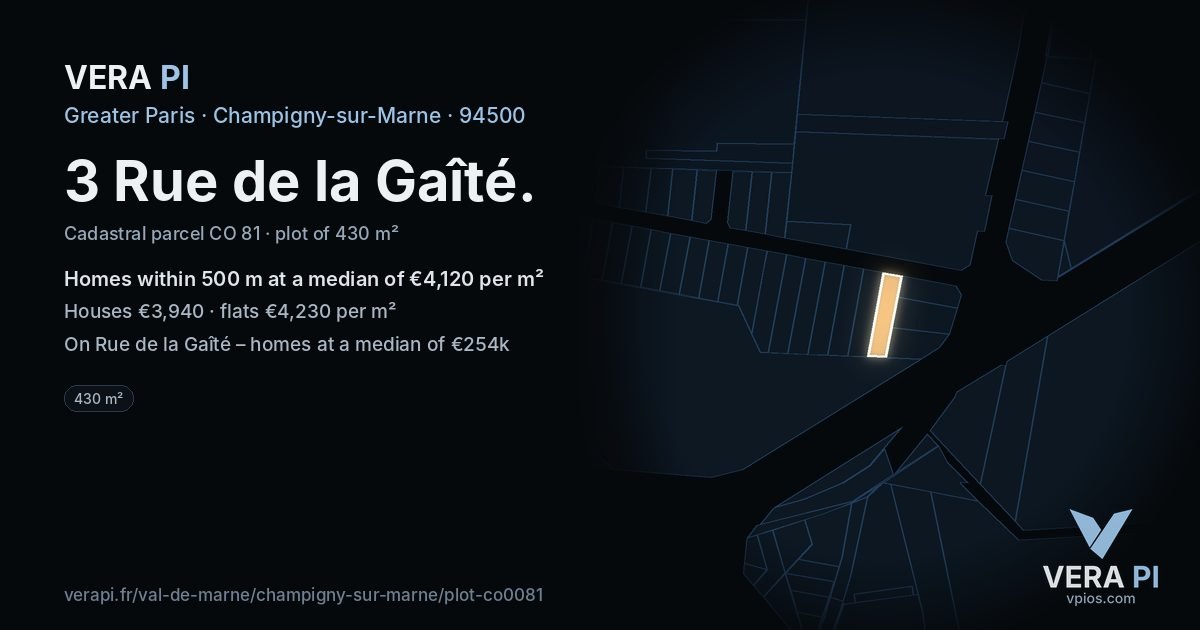 3 Rue de la Gaîté, Champigny-sur-Marne at night – the plot lit, the parcels around coloured by the prices near them