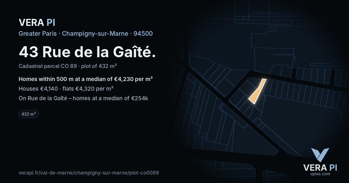 43 Rue de la Gaîté, Champigny-sur-Marne at night – the plot lit, the parcels around coloured by the prices near them