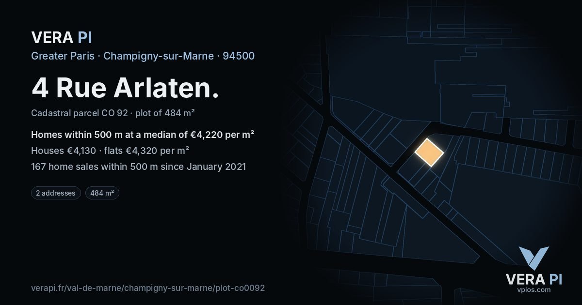 4 Rue Arlaten, Champigny-sur-Marne at night – the plot lit, the parcels around coloured by the prices near them