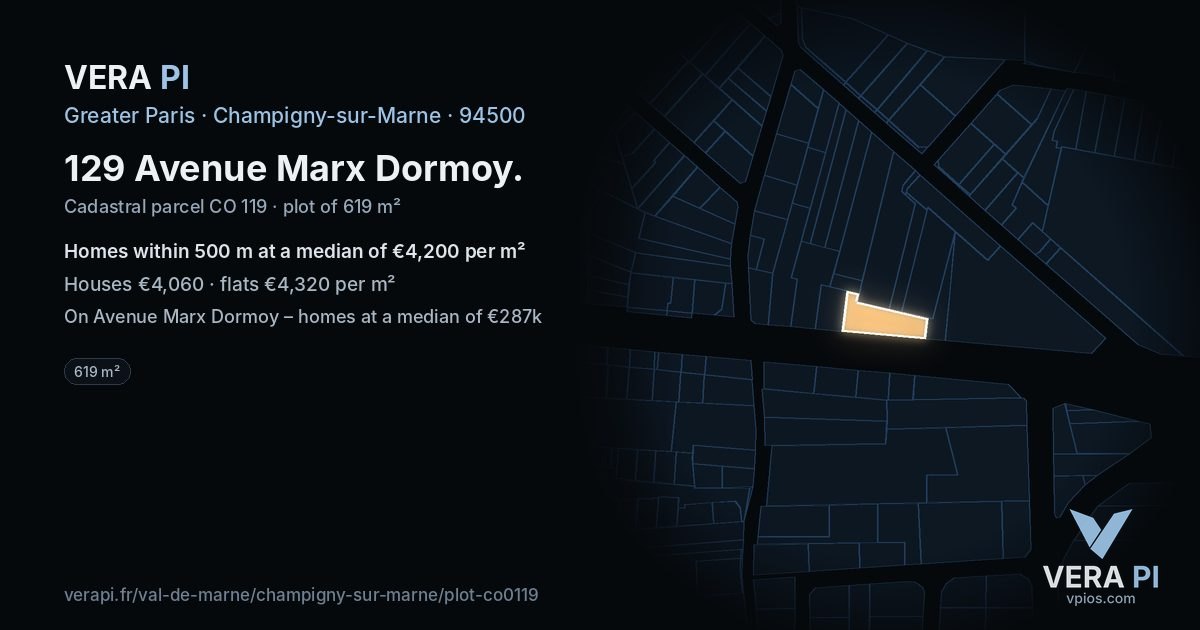 129 Avenue Marx Dormoy, Champigny-sur-Marne at night – the plot lit, the parcels around coloured by the prices near them
