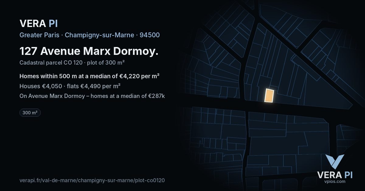 127 Avenue Marx Dormoy, Champigny-sur-Marne at night – the plot lit, the parcels around coloured by the prices near them