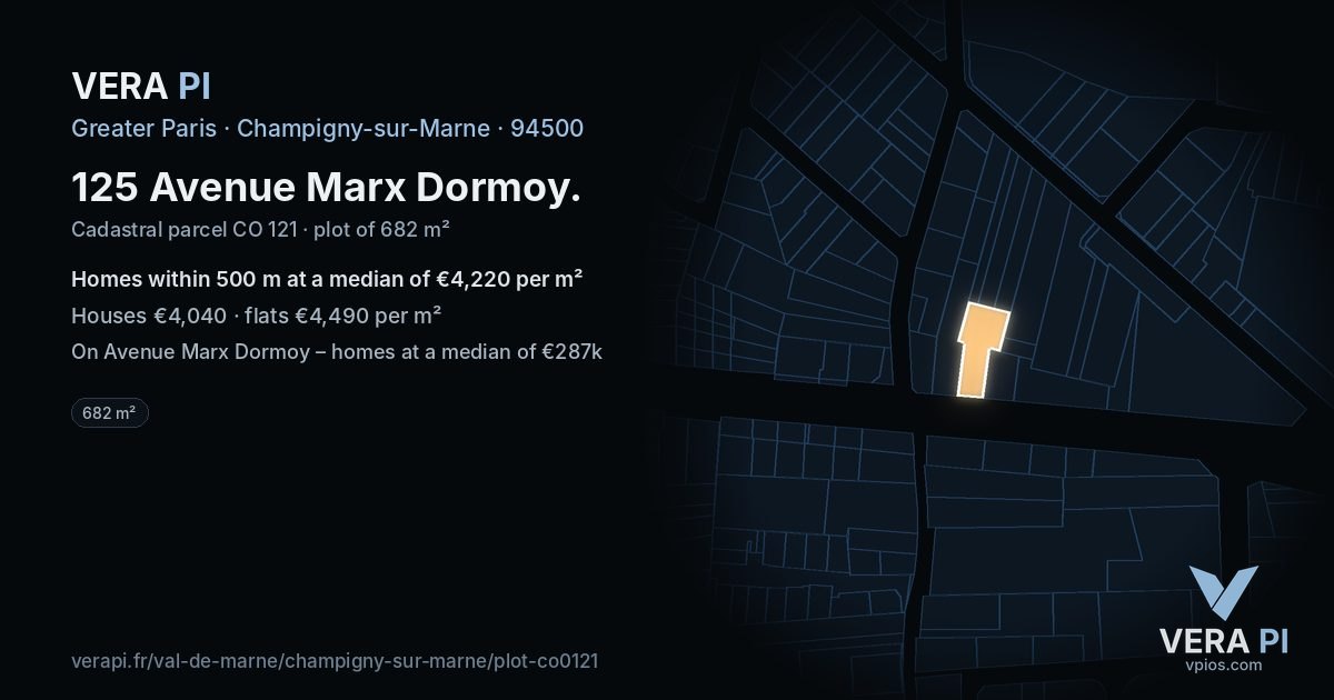 125 Avenue Marx Dormoy, Champigny-sur-Marne at night – the plot lit, the parcels around coloured by the prices near them