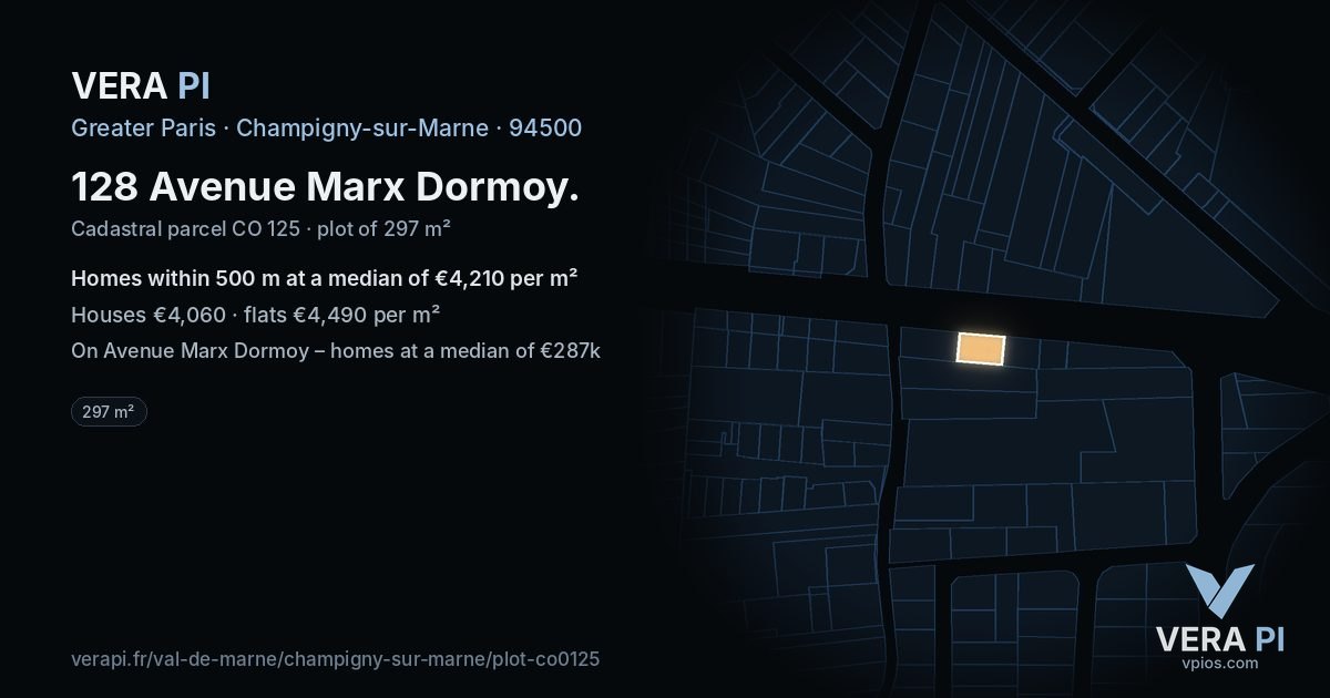 128 Avenue Marx Dormoy, Champigny-sur-Marne at night – the plot lit, the parcels around coloured by the prices near them