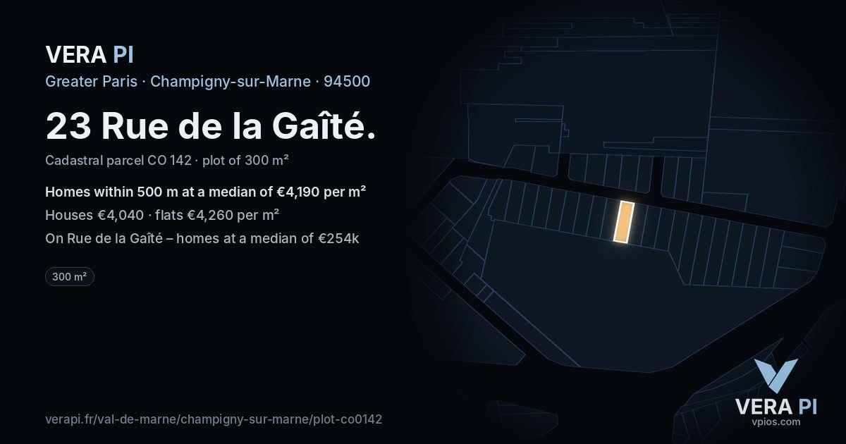 23 Rue de la Gaîté, Champigny-sur-Marne at night – the plot lit, the parcels around coloured by the prices near them