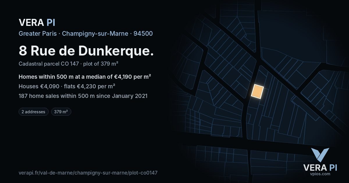 8 Rue de Dunkerque, Champigny-sur-Marne at night – the plot lit, the parcels around coloured by the prices near them