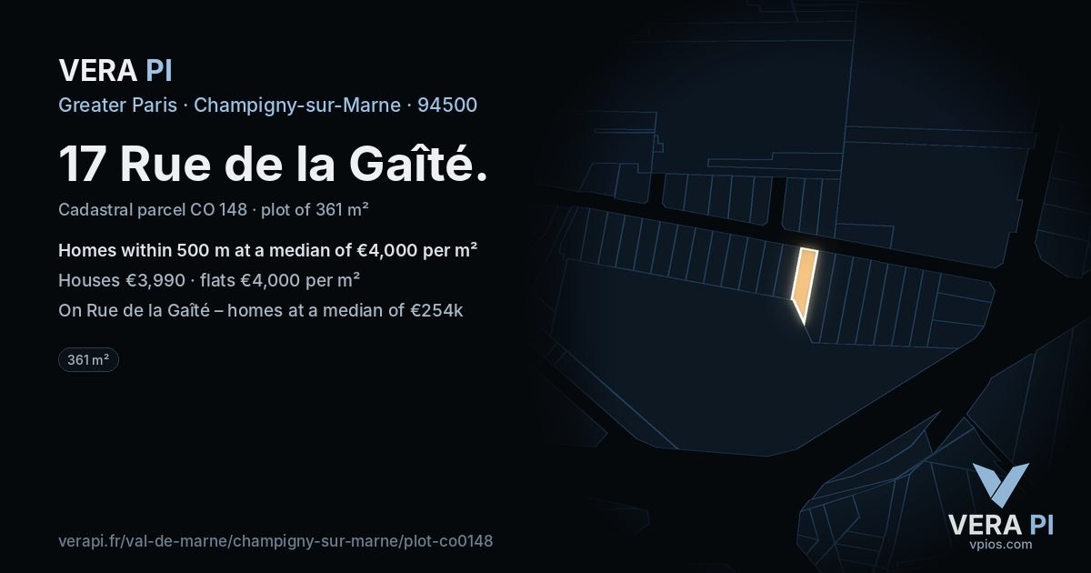 17 Rue de la Gaîté, Champigny-sur-Marne at night – the plot lit, the parcels around coloured by the prices near them