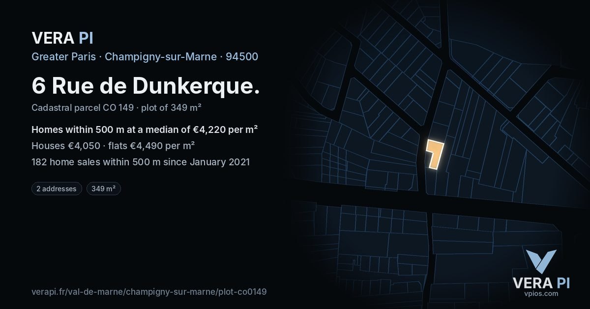 6 Rue de Dunkerque, Champigny-sur-Marne at night – the plot lit, the parcels around coloured by the prices near them
