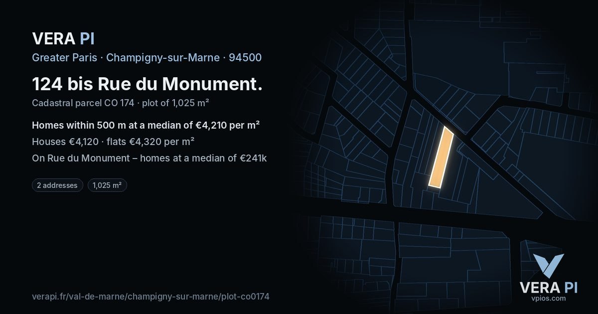 124 bis Rue du Monument, Champigny-sur-Marne at night – the plot lit, the parcels around coloured by the prices near them