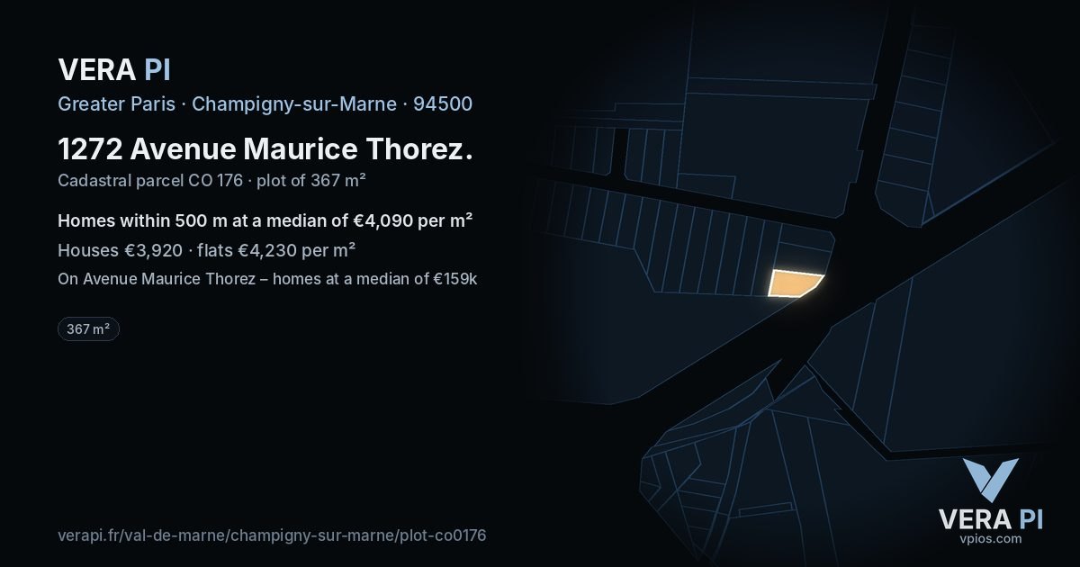 1272 Avenue Maurice Thorez, Champigny-sur-Marne at night – the plot lit, the parcels around coloured by the prices near them