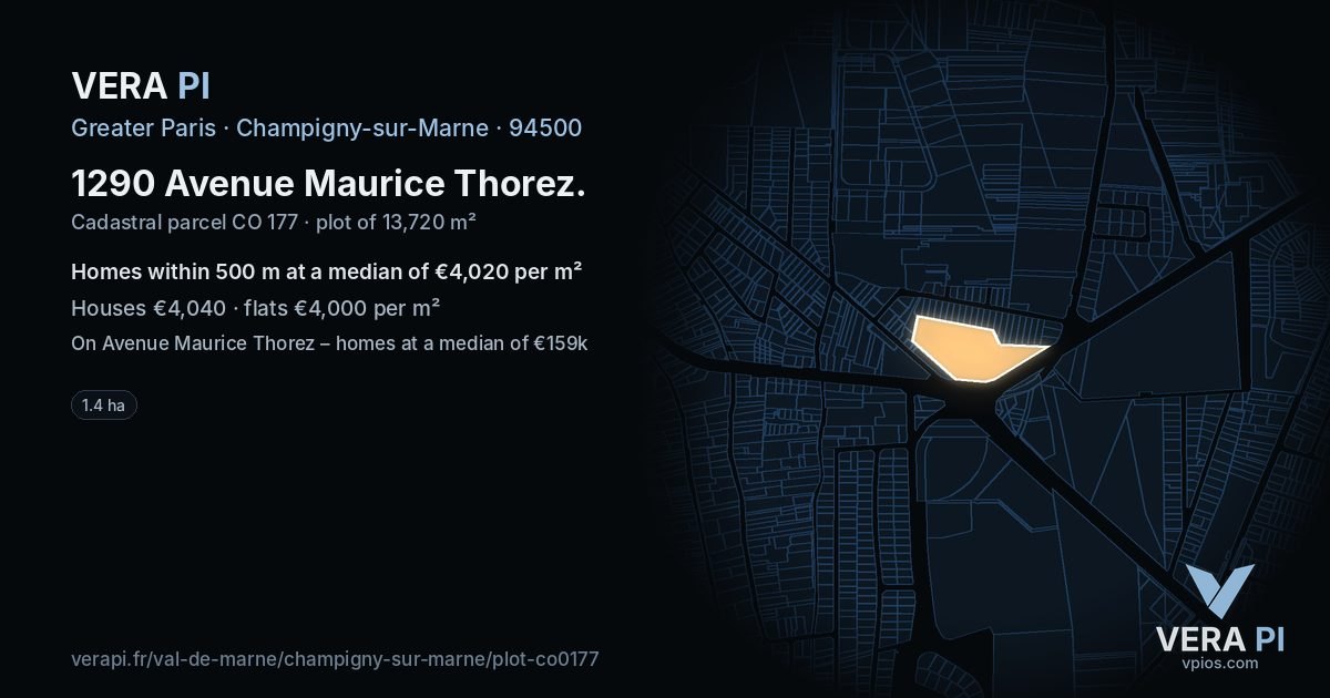 1290 Avenue Maurice Thorez, Champigny-sur-Marne at night – the plot lit, the parcels around coloured by the prices near them
