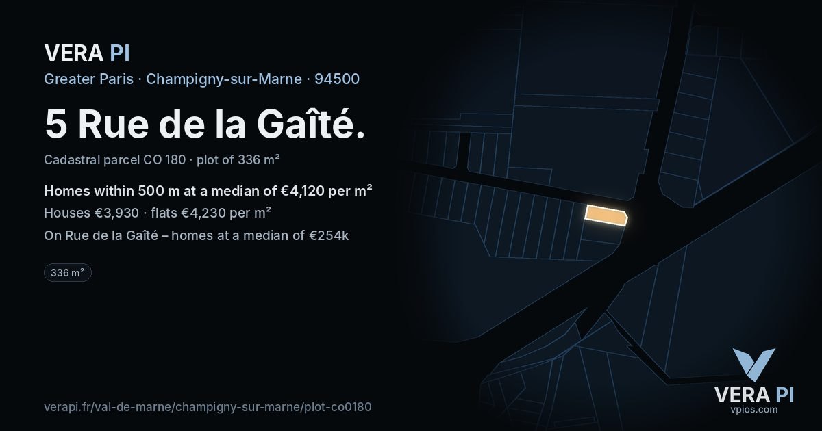 5 Rue de la Gaîté, Champigny-sur-Marne at night – the plot lit, the parcels around coloured by the prices near them
