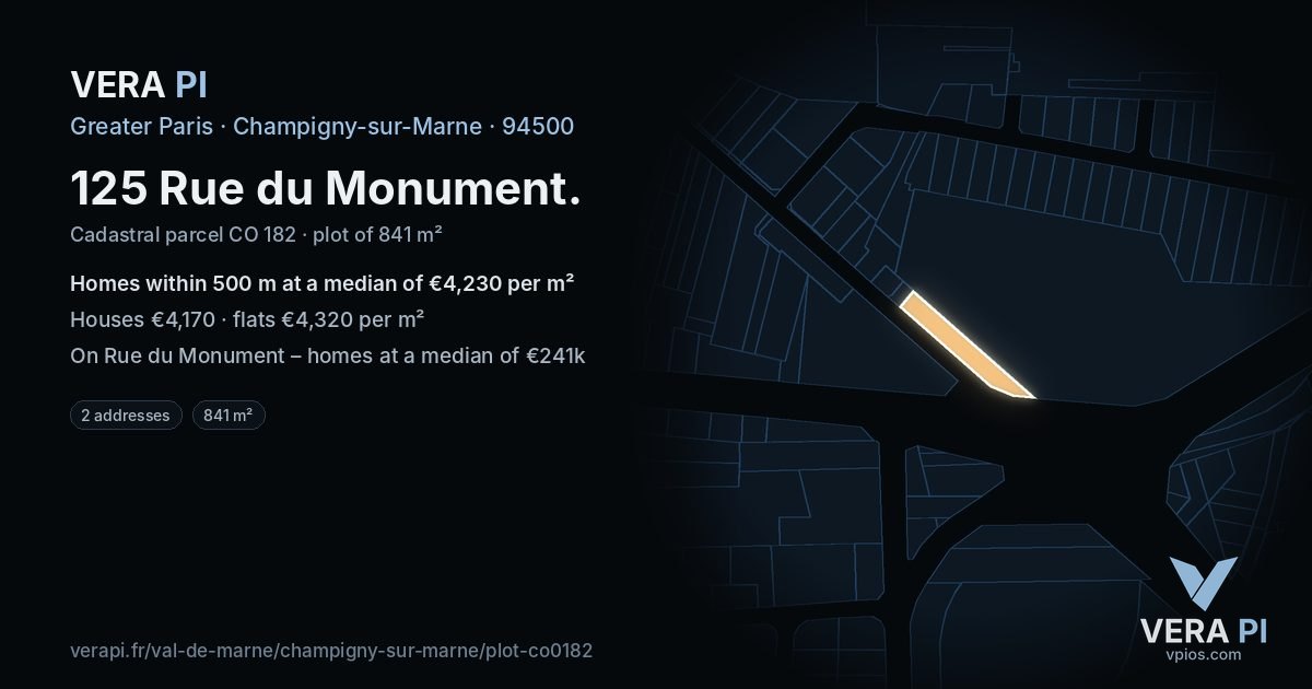 125 Rue du Monument, Champigny-sur-Marne at night – the plot lit, the parcels around coloured by the prices near them