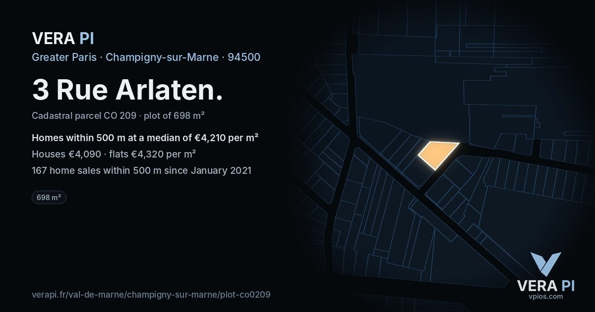 3 Rue Arlaten, Champigny-sur-Marne at night – the plot lit, the parcels around coloured by the prices near them