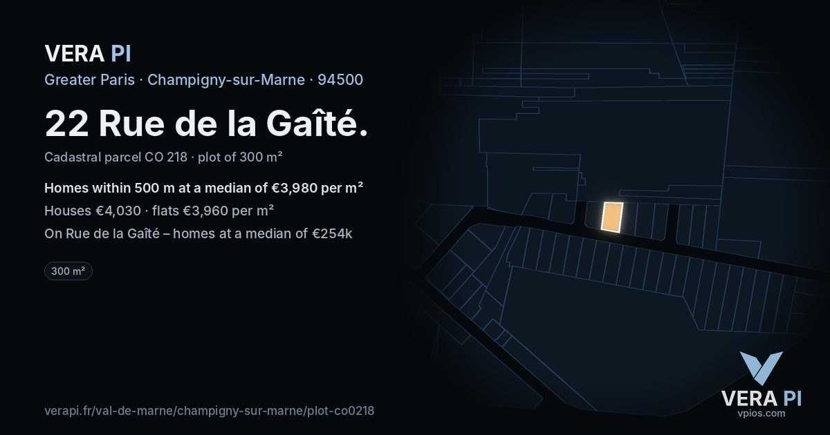22 Rue de la Gaîté, Champigny-sur-Marne at night – the plot lit, the parcels around coloured by the prices near them