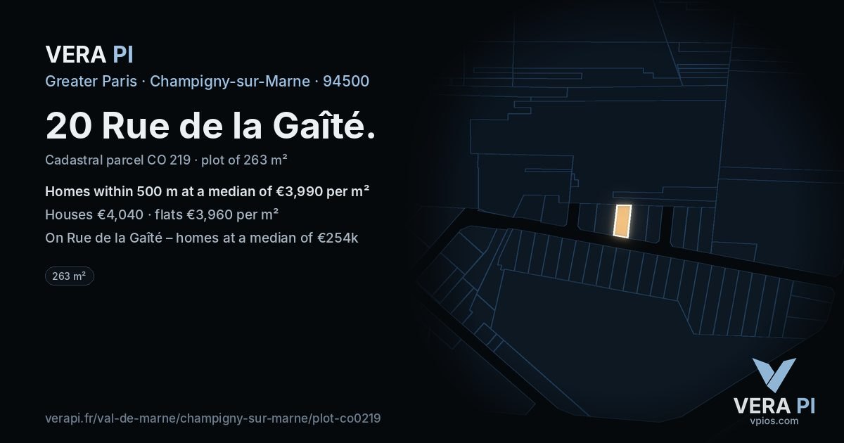 20 Rue de la Gaîté, Champigny-sur-Marne at night – the plot lit, the parcels around coloured by the prices near them