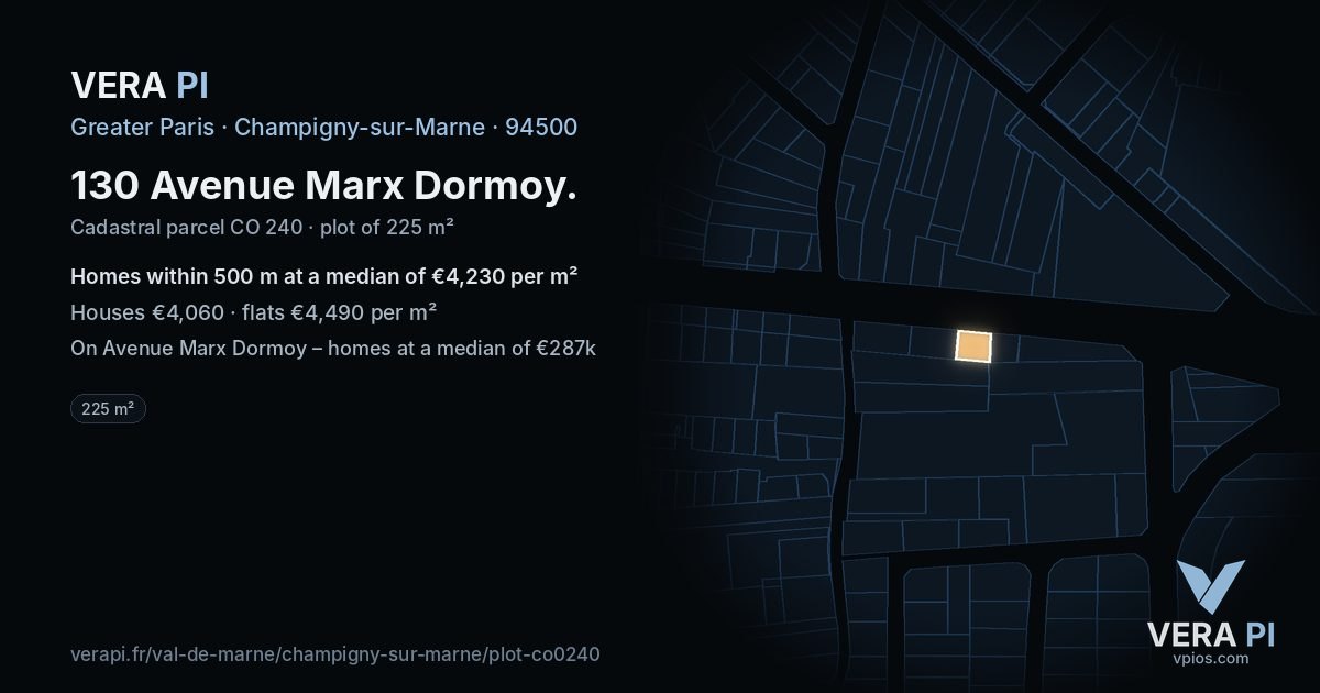 130 Avenue Marx Dormoy, Champigny-sur-Marne at night – the plot lit, the parcels around coloured by the prices near them