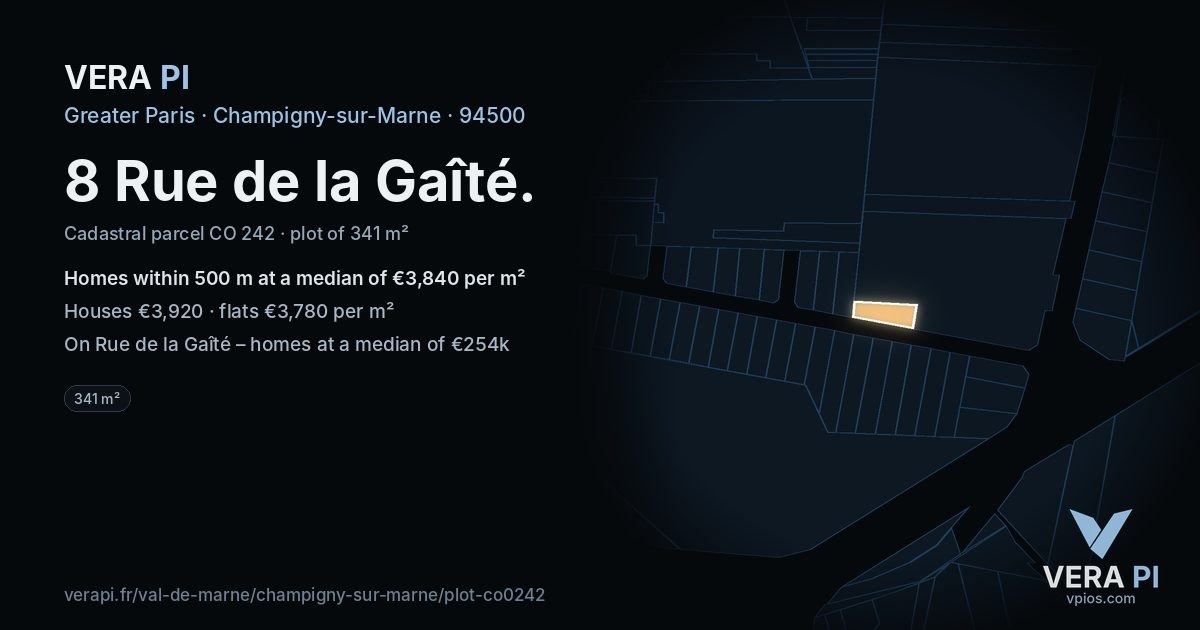 8 Rue de la Gaîté, Champigny-sur-Marne at night – the plot lit, the parcels around coloured by the prices near them