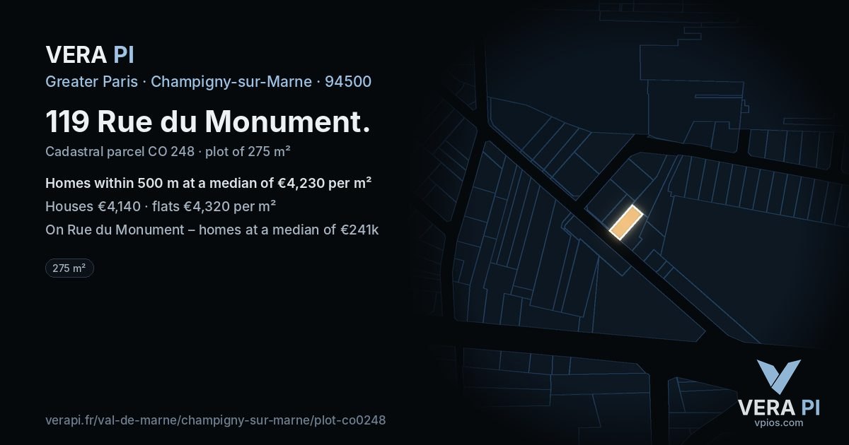 119 Rue du Monument, Champigny-sur-Marne at night – the plot lit, the parcels around coloured by the prices near them